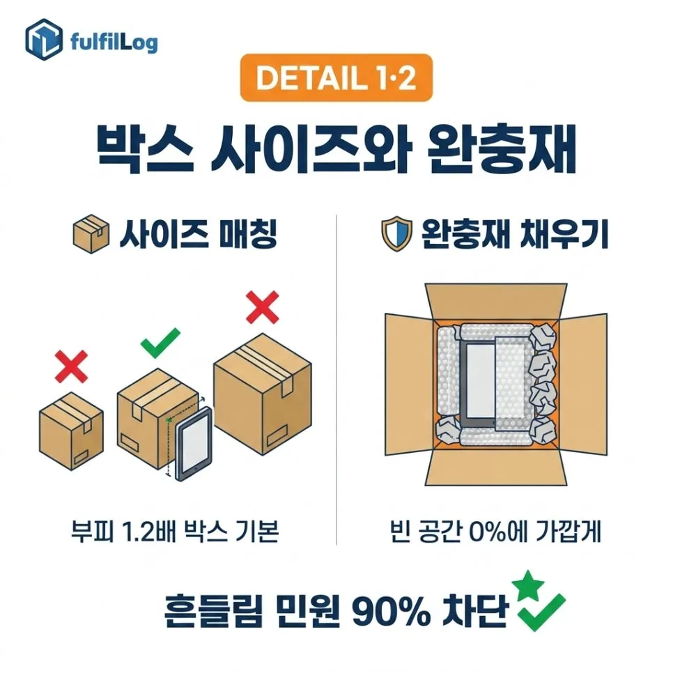 박스 사이즈와완충재 설명 이미지