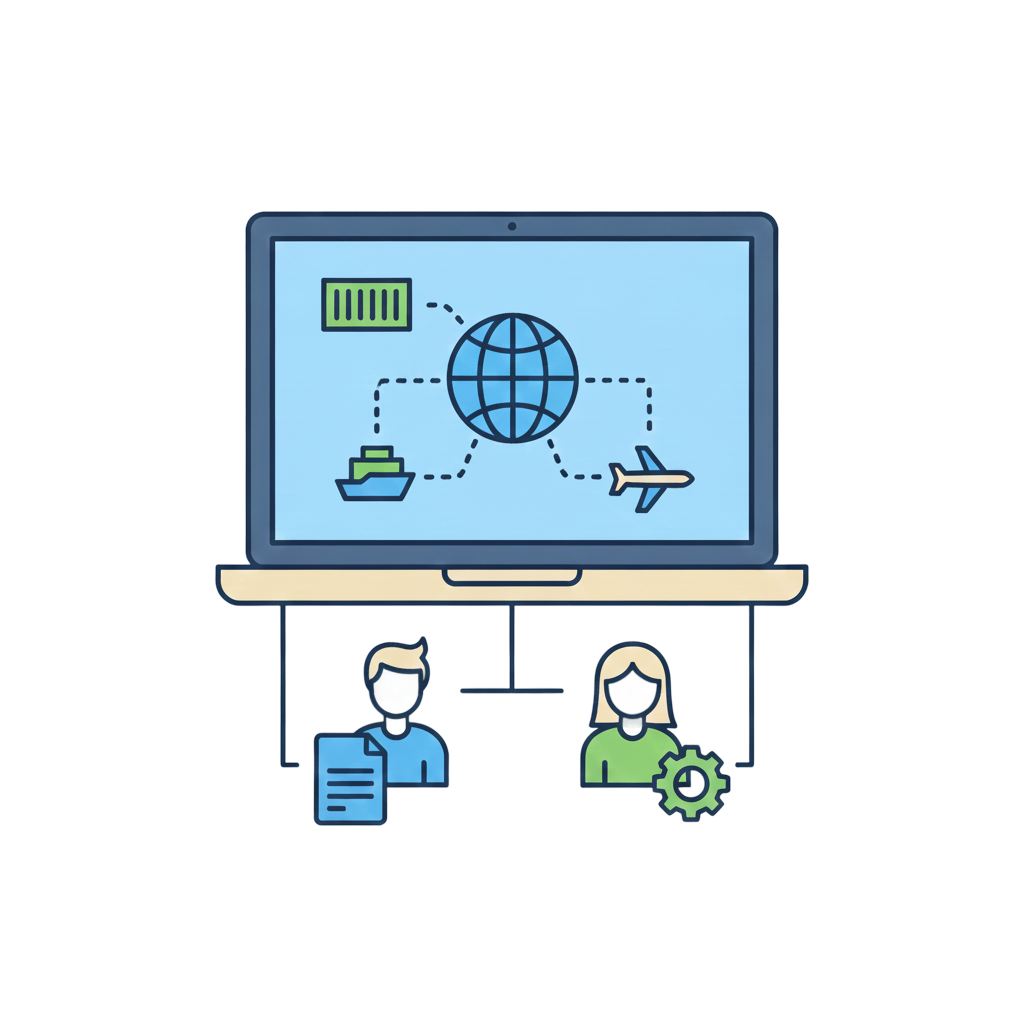 노트북 화면에 지구본과 선박·항공 경로가 표시되고 담당 직원 두 명이 있는 그림